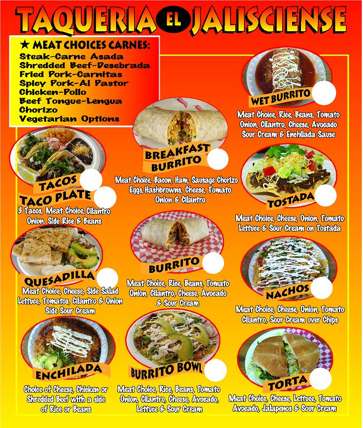 Taqueria El Jalicience menu board