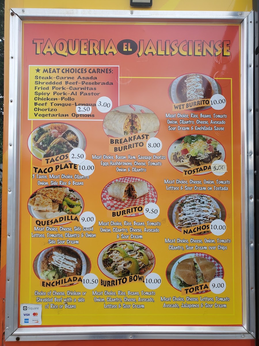Taqueria El Jalicience menu board