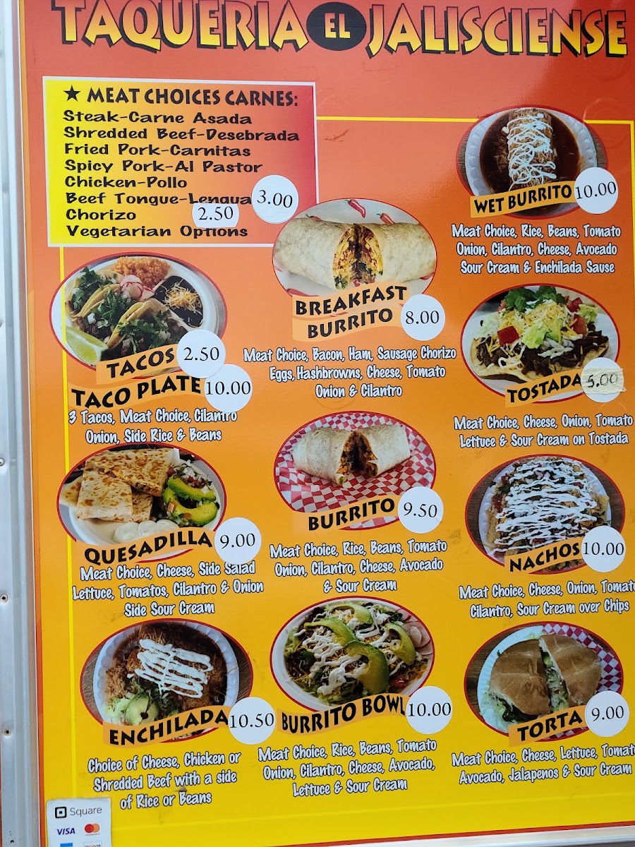 Taqueria El Jalicience menu board