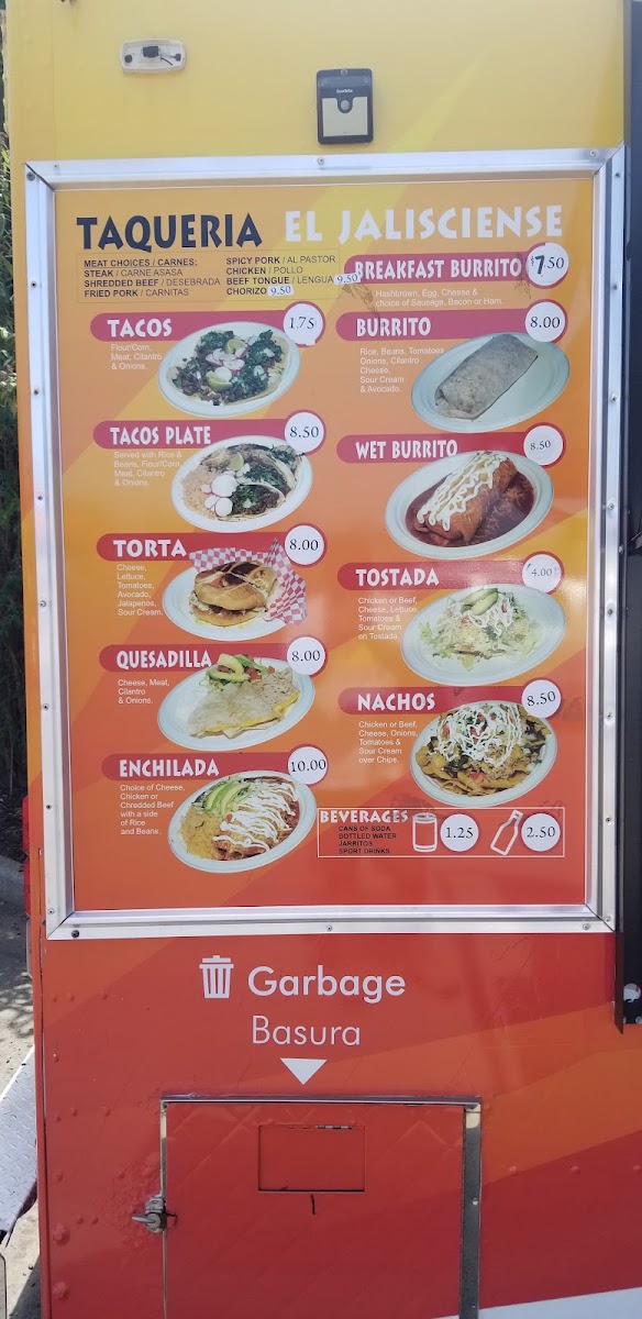 Taqueria El Jalicience menu board
