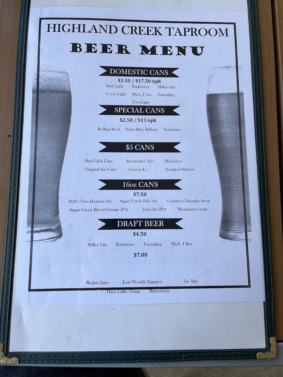 Highland Creek Restaurant menu board