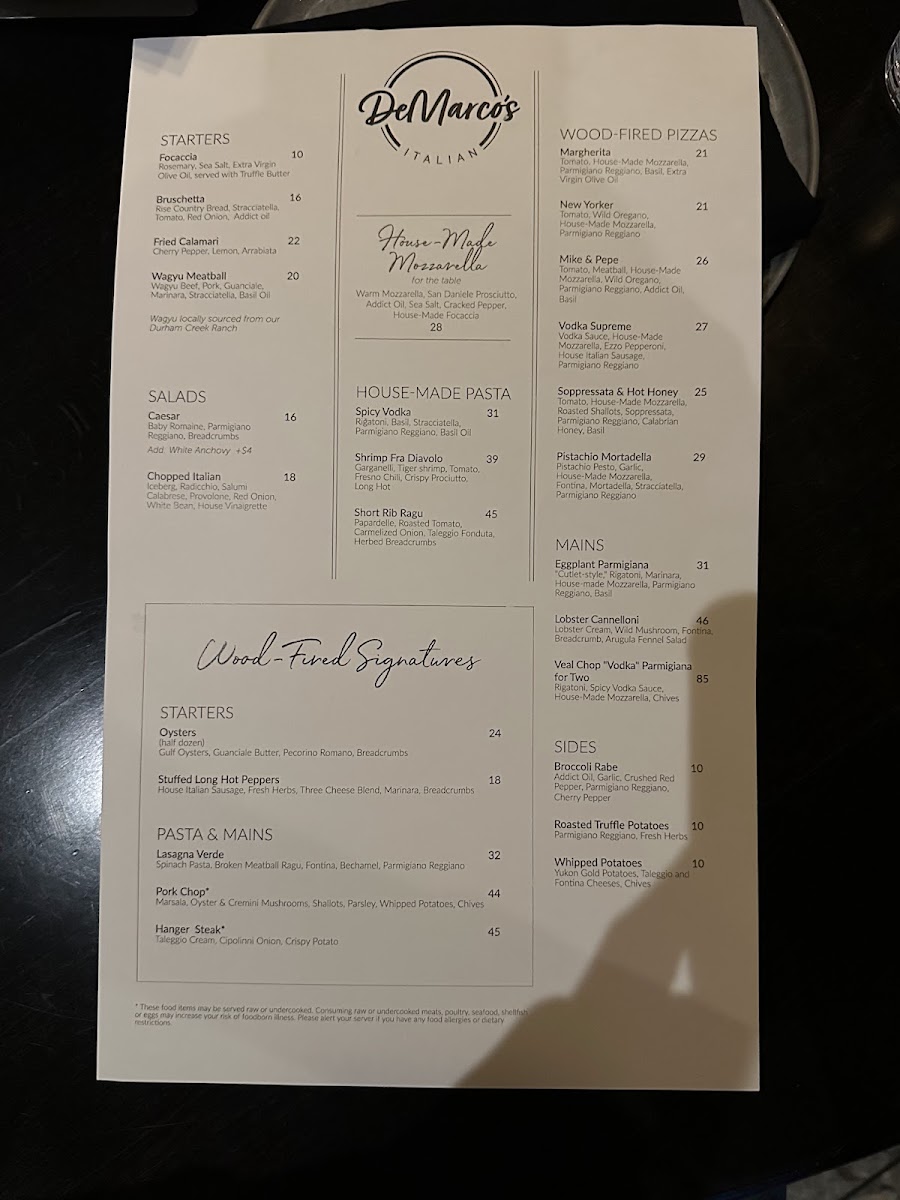 DeMarco's Italian menu board