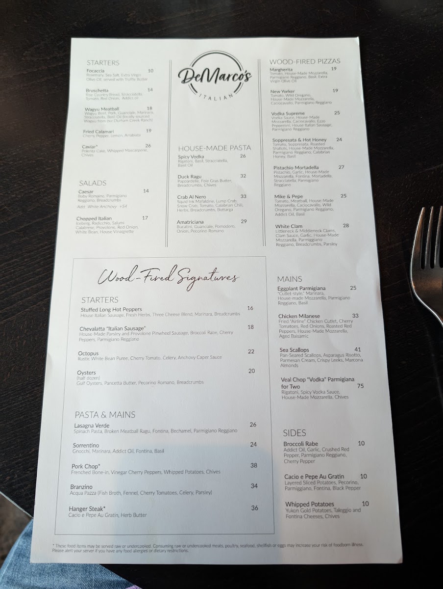 DeMarco's Italian menu board