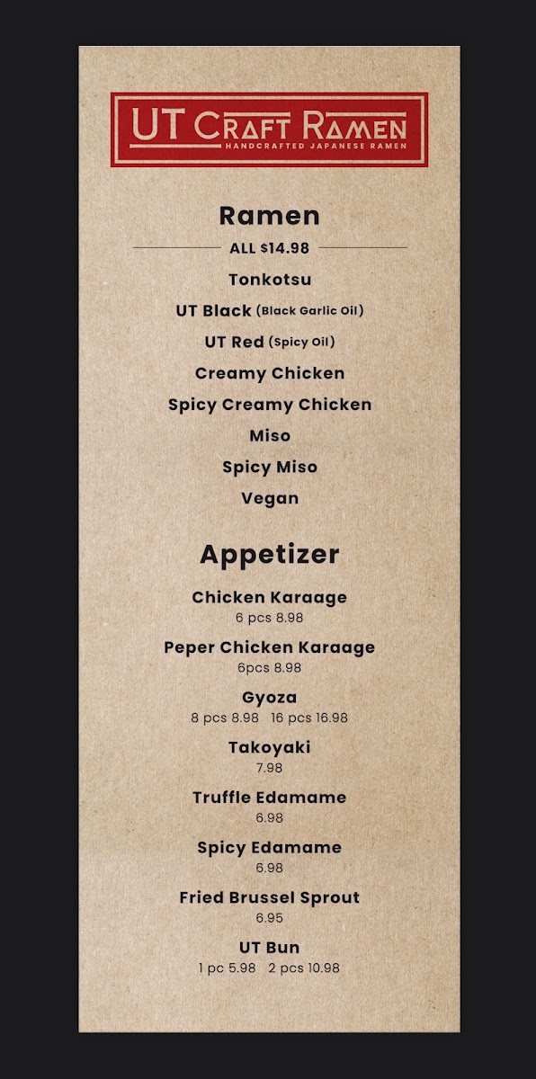 UT Craft Ramen menu board