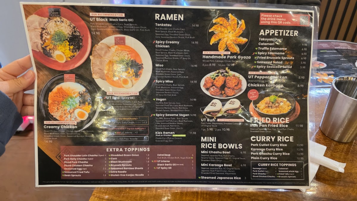 UT Craft Ramen menu board