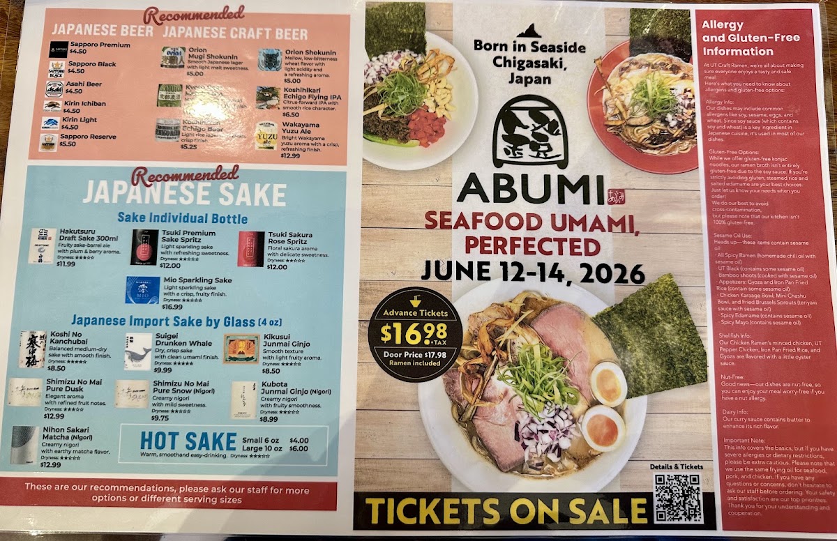 UT Craft Ramen menu board