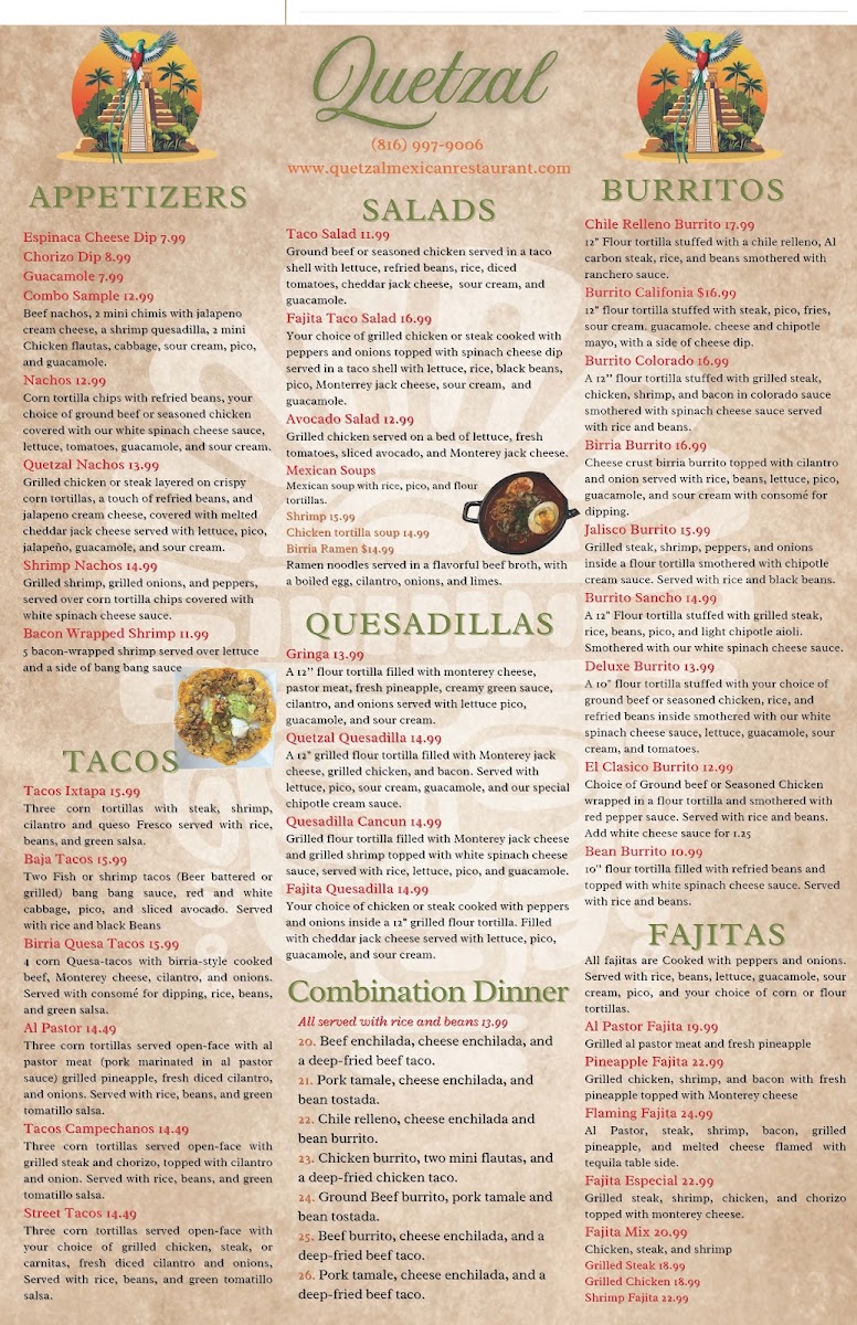 Quetzal Mexican Restaurant menu board