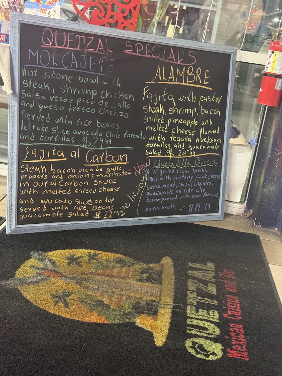 Quetzal Mexican Restaurant menu board