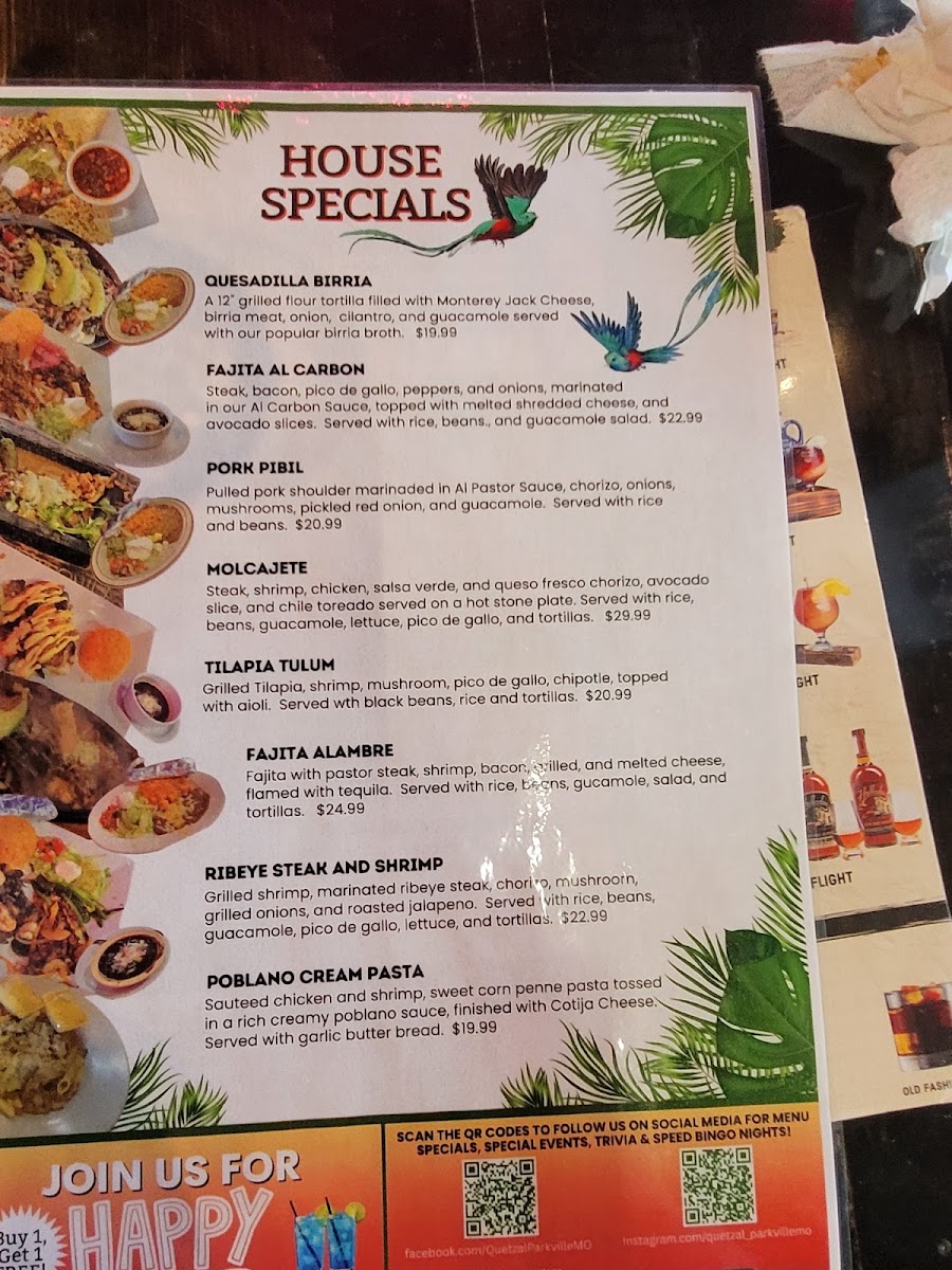Quetzal Mexican Restaurant menu board