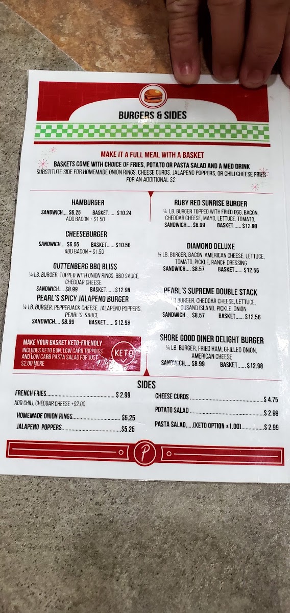 Pearl's Diner menu board