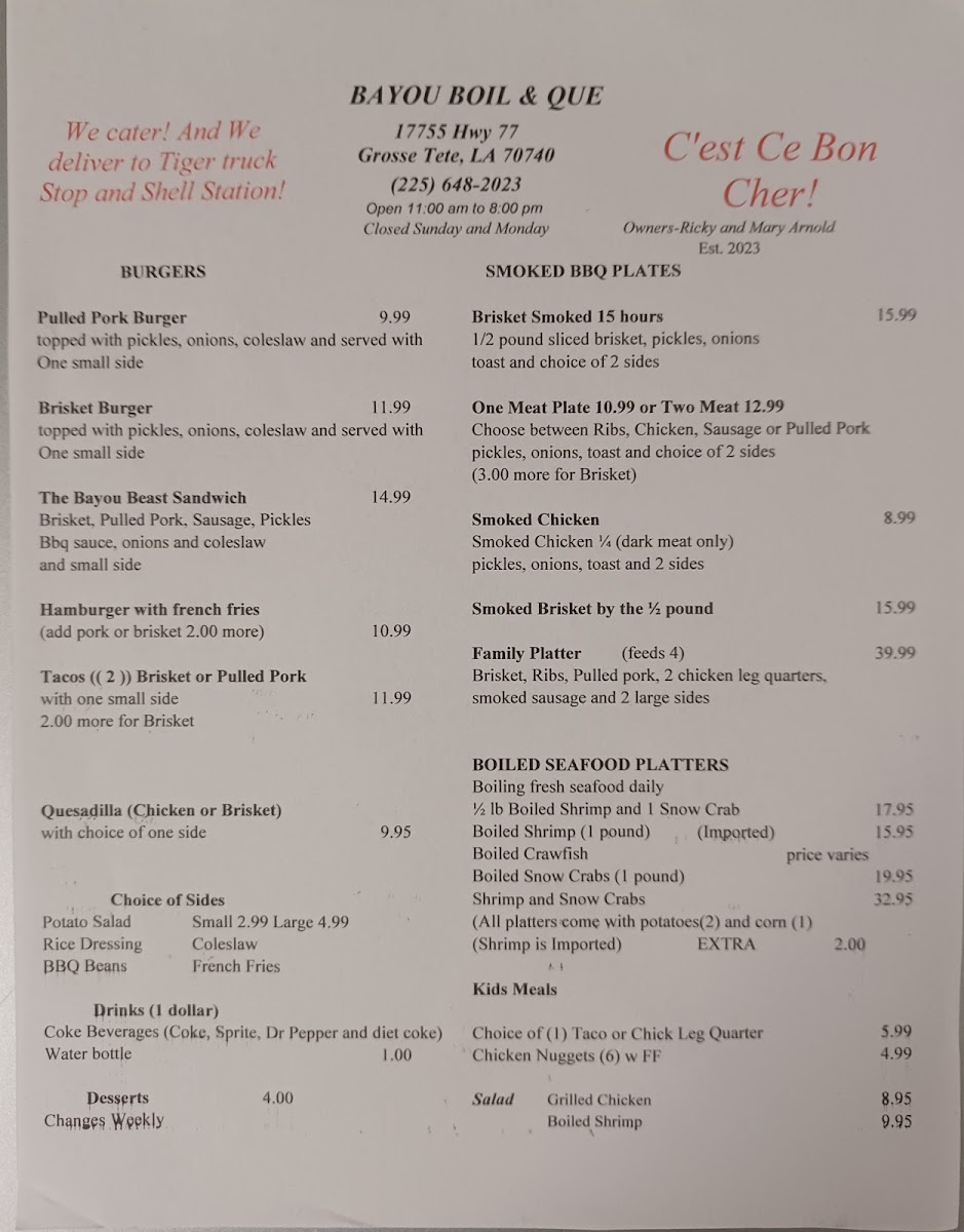 Bayou Boil & Que, LLC menu board