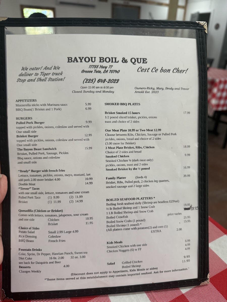 Bayou Boil & Que, LLC menu board
