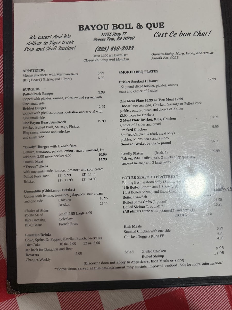 Bayou Boil & Que, LLC menu board