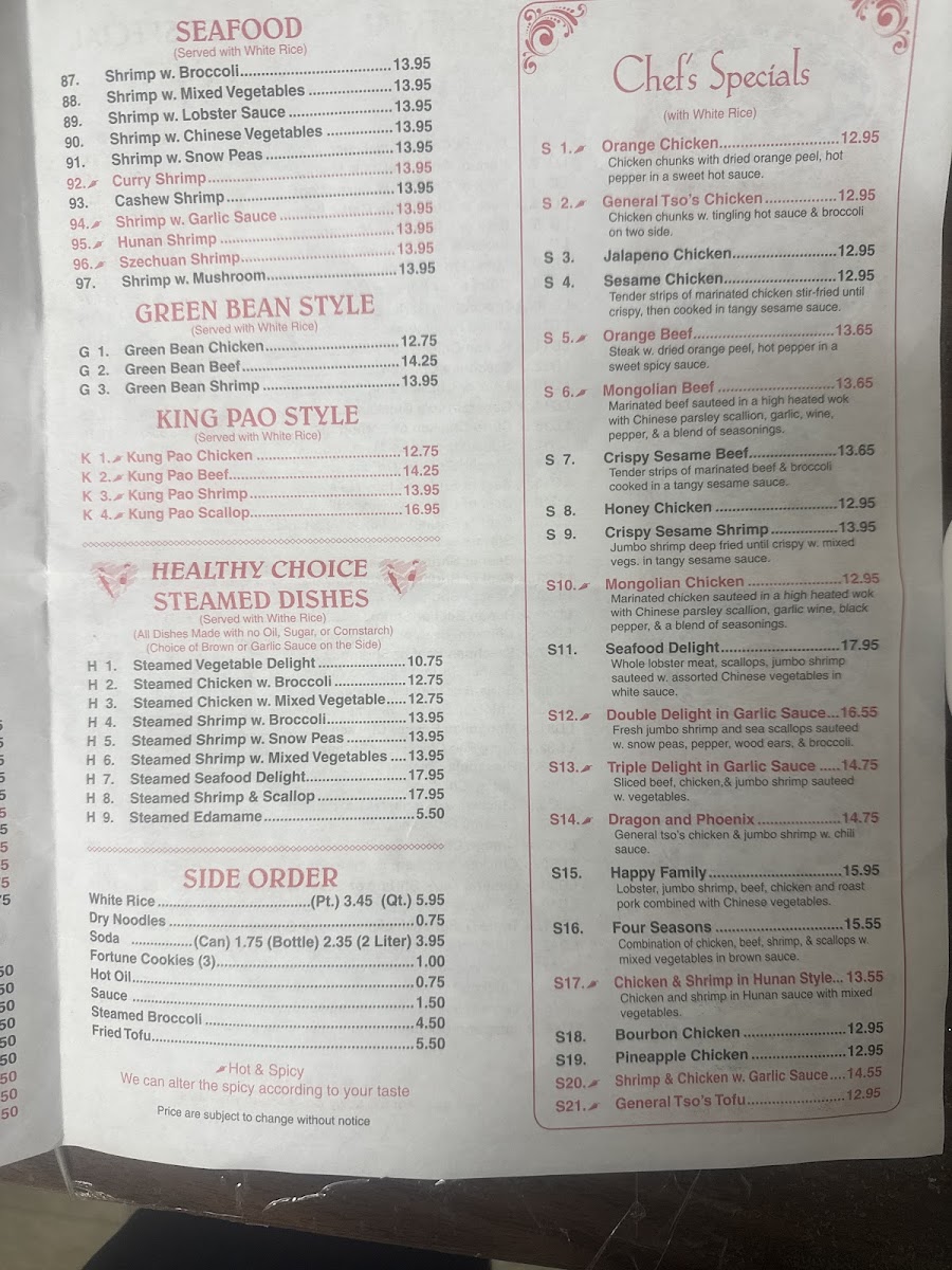 Great Wall Chinese menu board