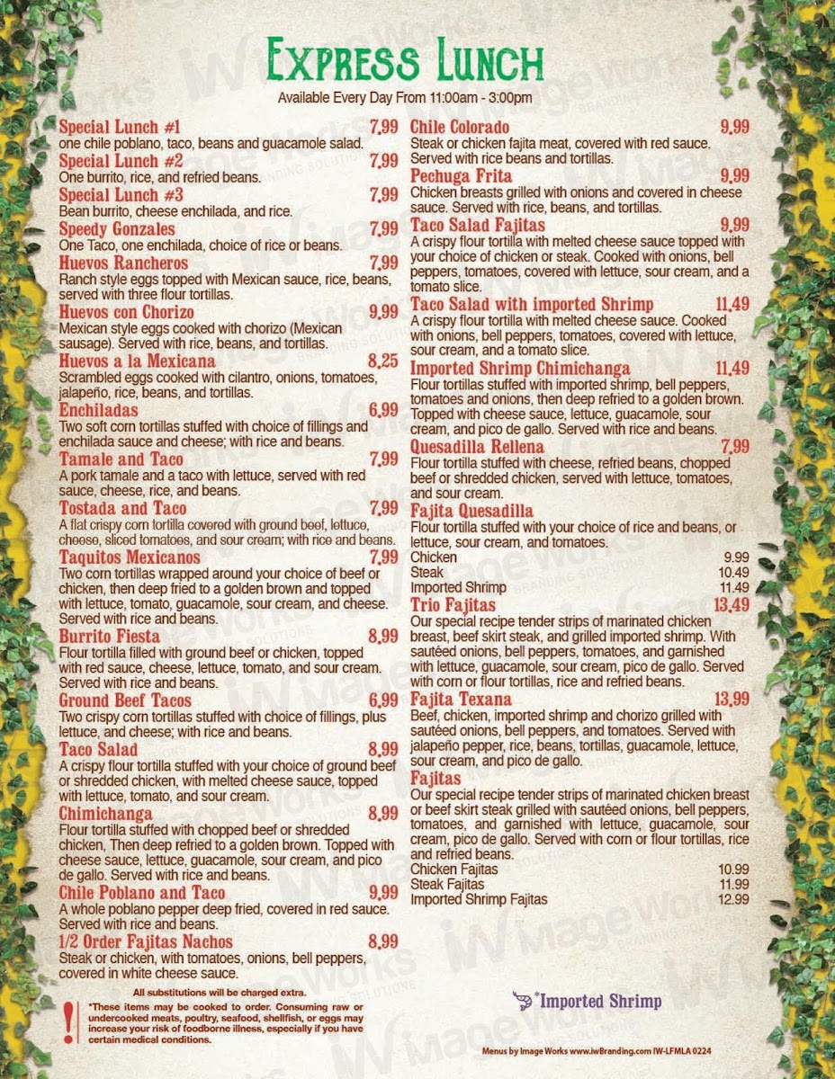 La Fiesta Mexican Grill In Kaplan menu board