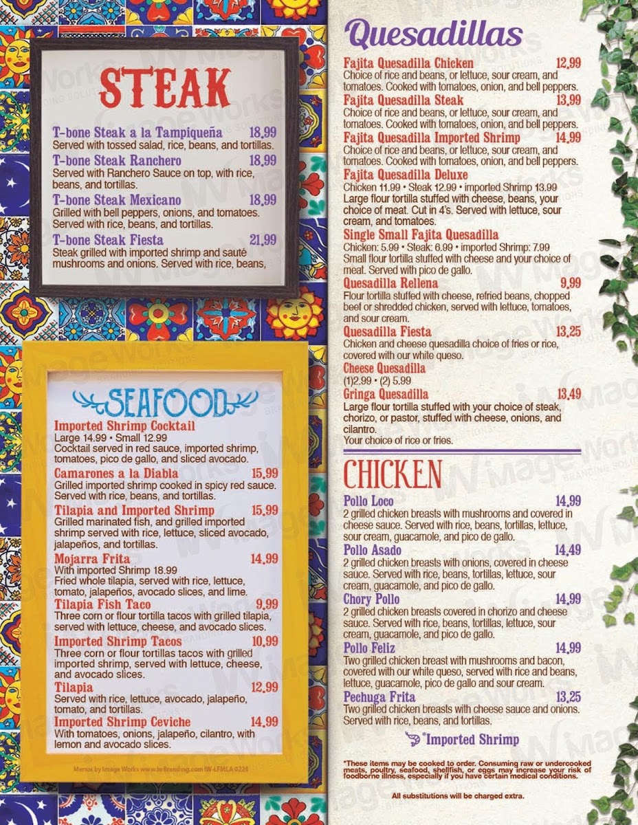 La Fiesta Mexican Grill In Kaplan menu board