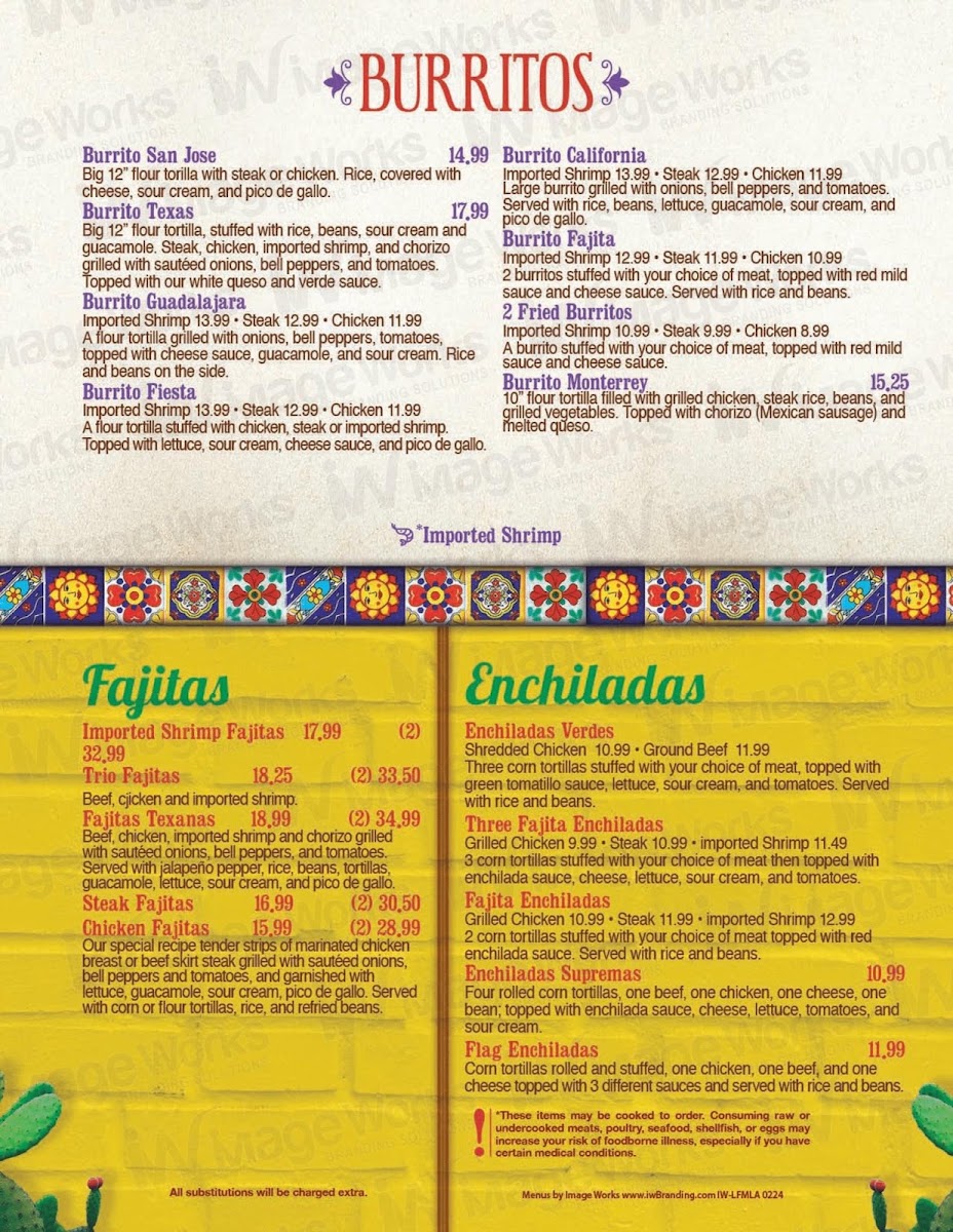 La Fiesta Mexican Grill In Kaplan menu board
