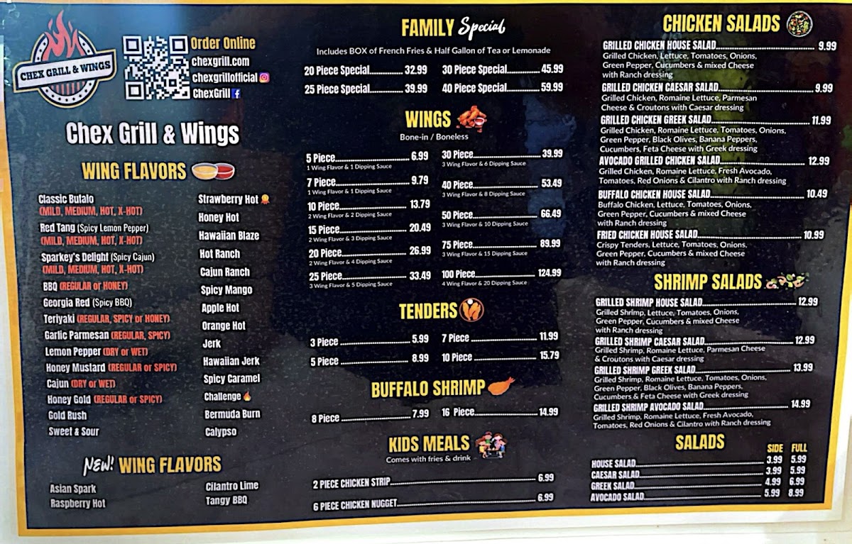 Chex Grill & Wings menu board