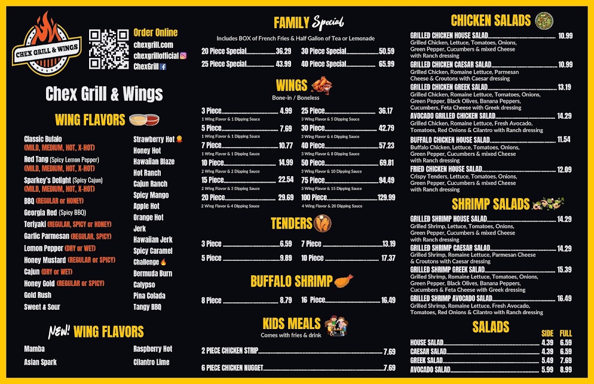 Chex Grill & Wings menu board