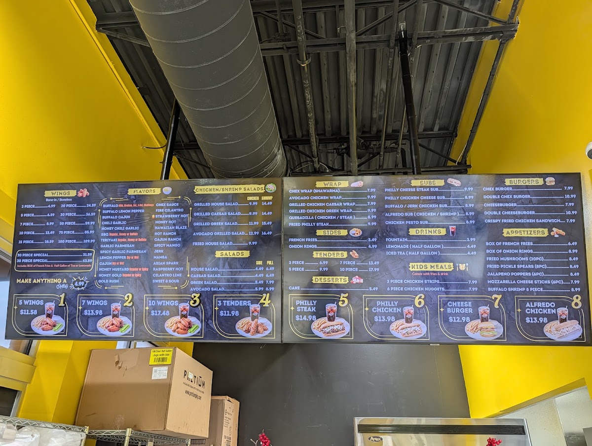 Chex Grill & Wings menu board