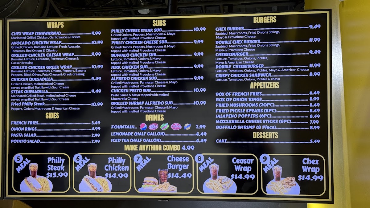 Chex Grill & Wings menu board