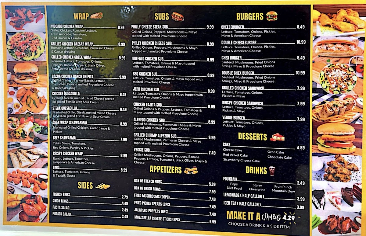 Chex Grill & Wings menu board