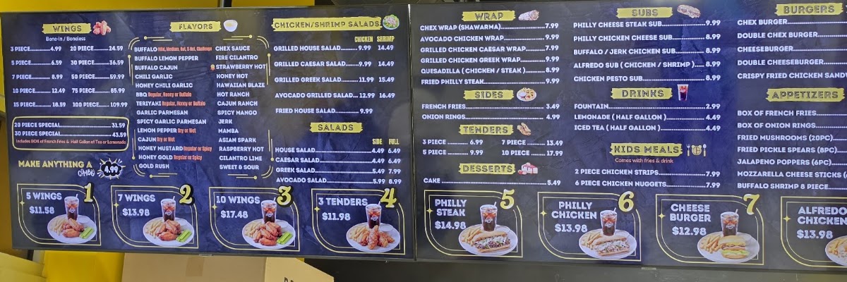 Chex Grill & Wings menu board