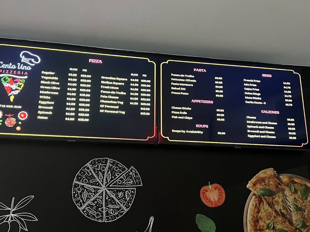 Cento Uno Pizzeria menu board