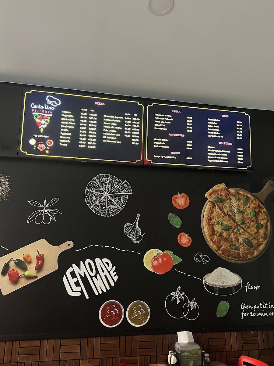 Cento Uno Pizzeria menu board