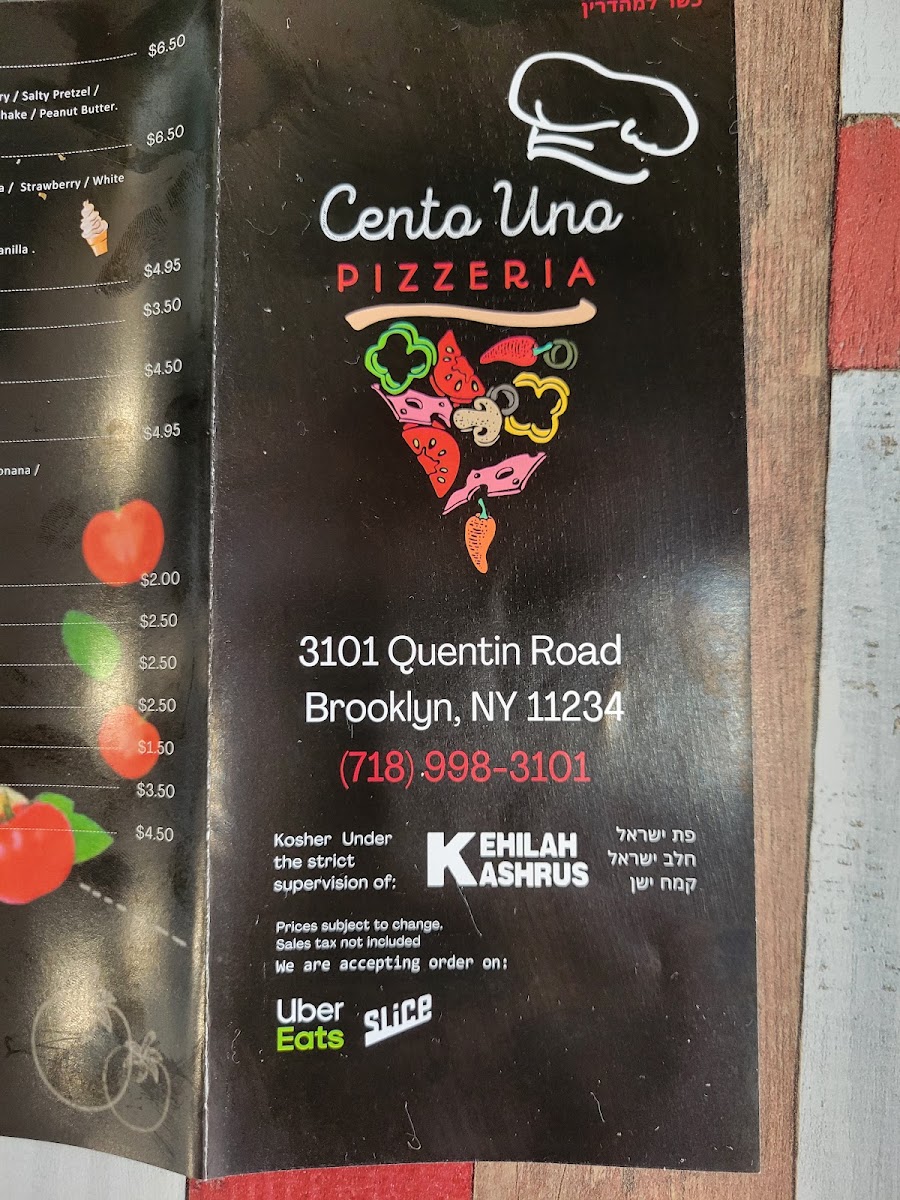 Cento Uno Pizzeria menu board