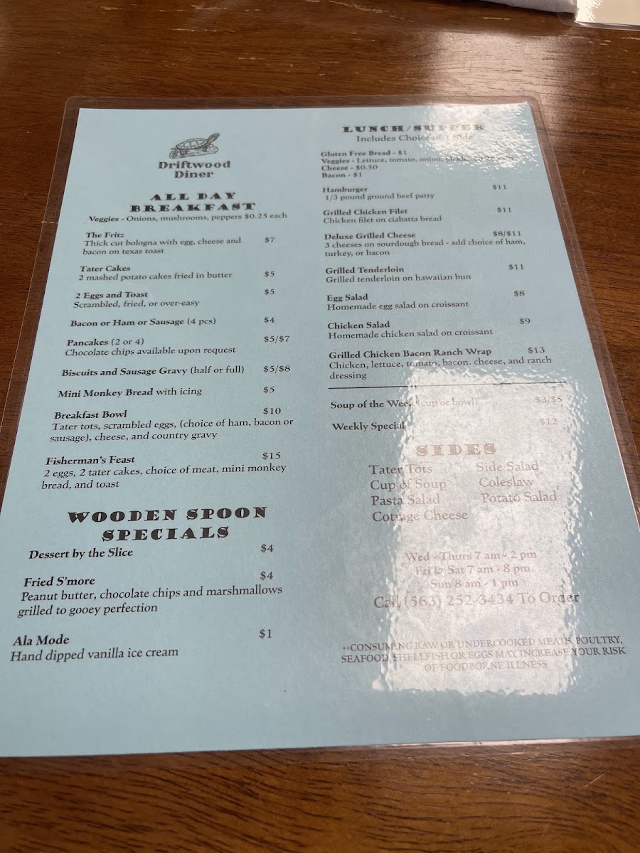 Driftwood Diner menu board
