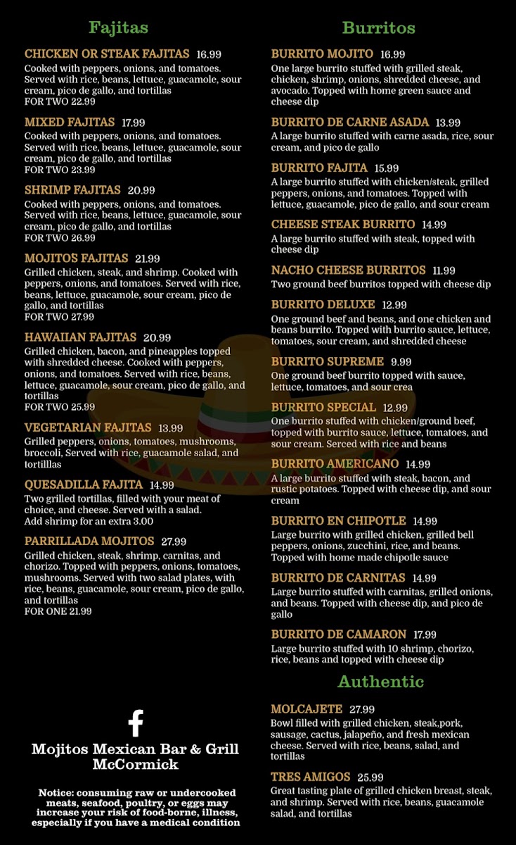 Mojito's Mexican Bar & Grill menu board