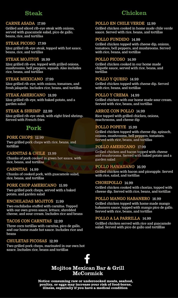 Mojito's Mexican Bar & Grill menu board
