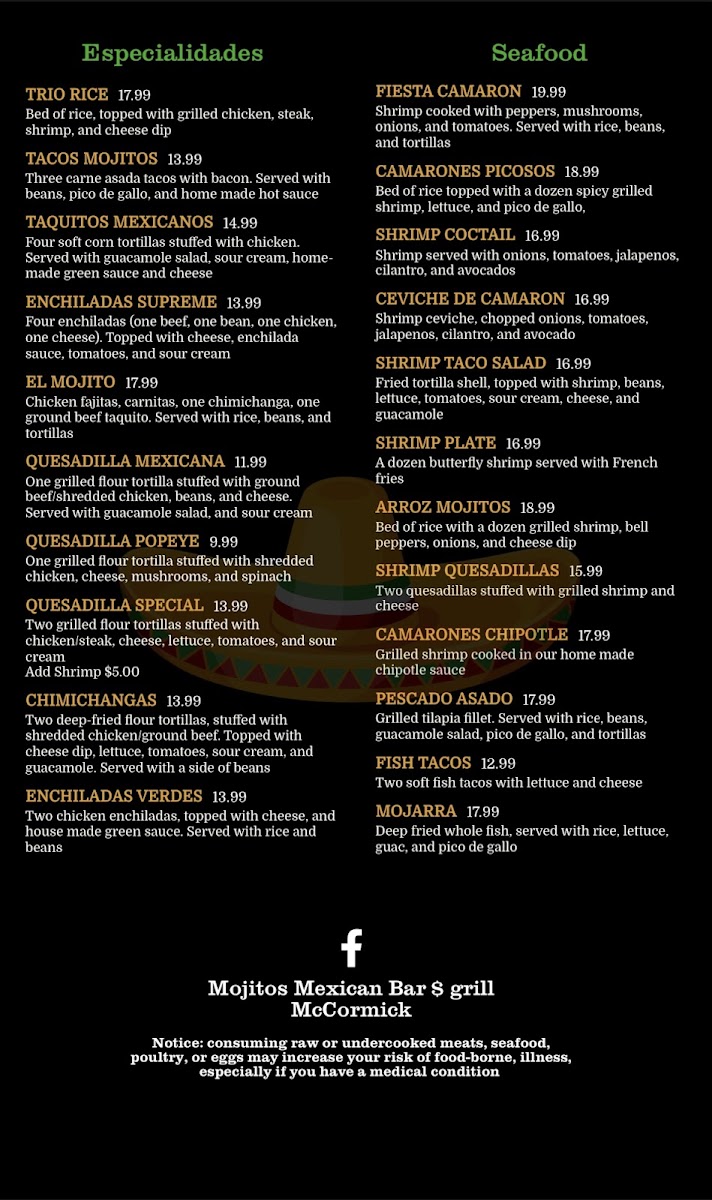 Mojito's Mexican Bar & Grill menu board