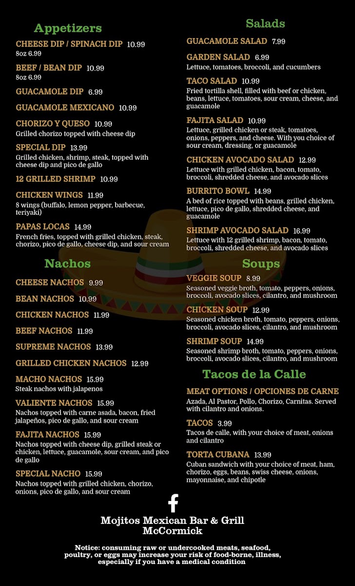 Mojito's Mexican Bar & Grill menu board