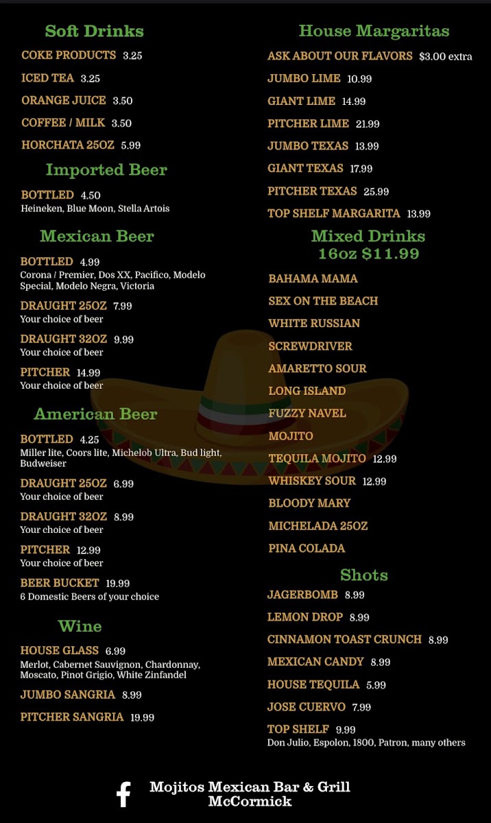 Mojito's Mexican Bar & Grill menu board