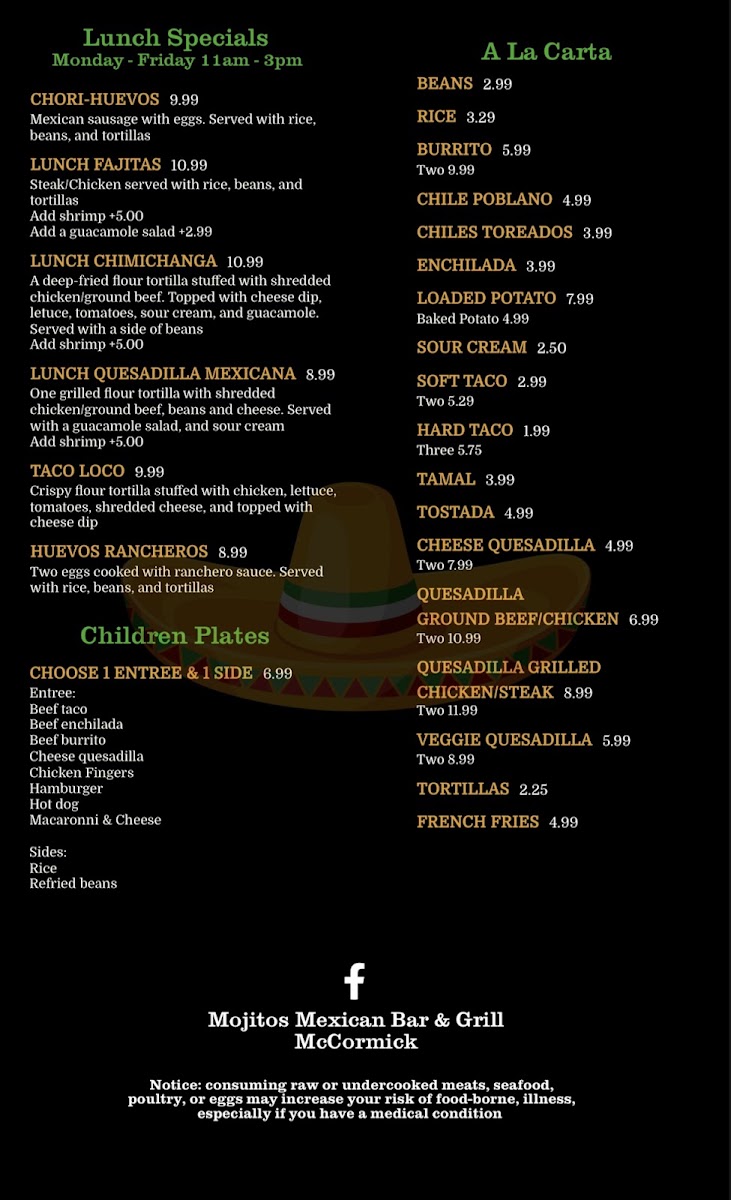 Mojito's Mexican Bar & Grill menu board