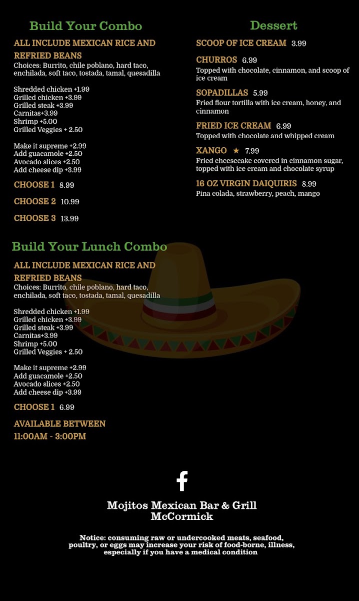 Mojito's Mexican Bar & Grill menu board