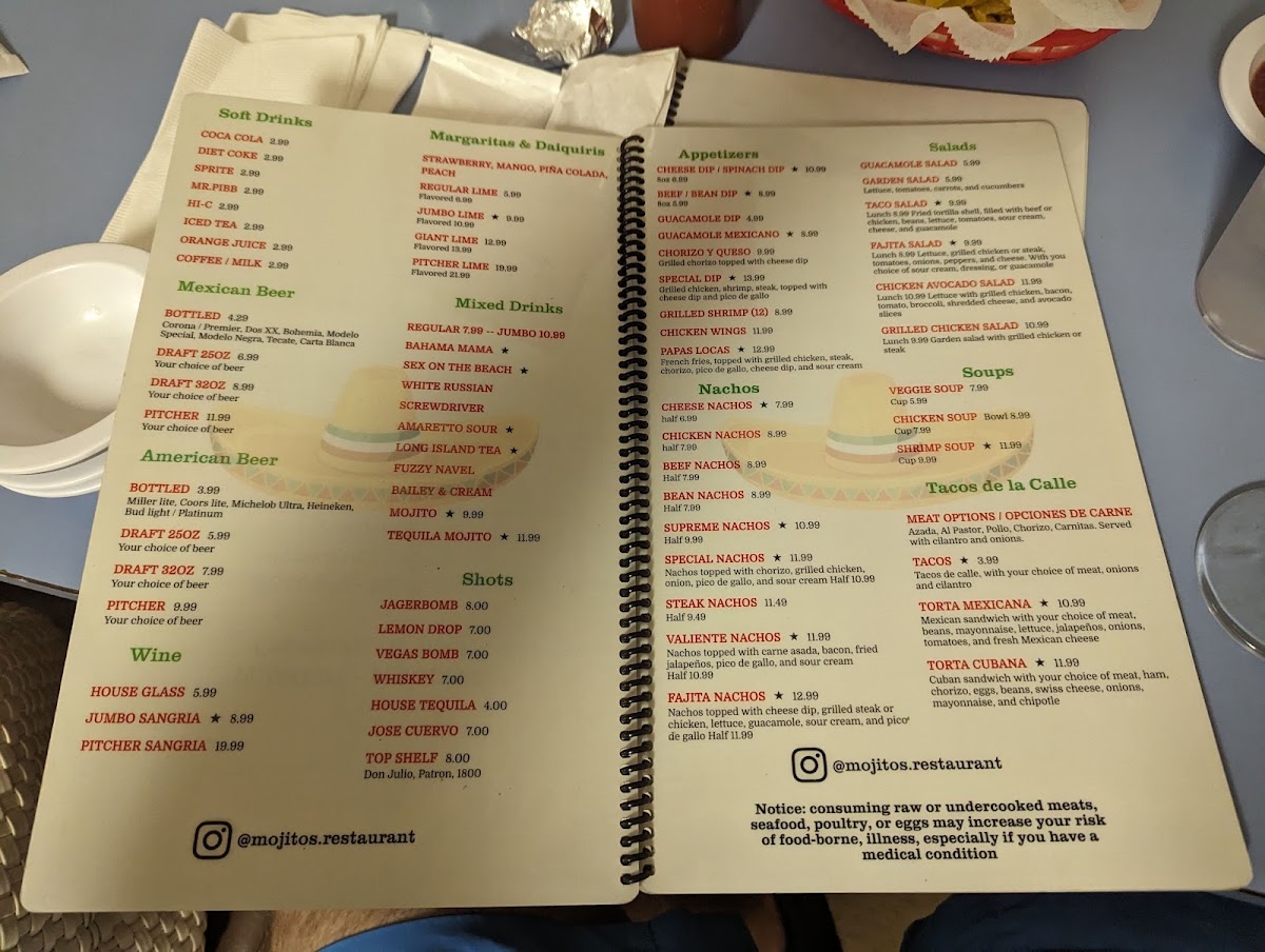 Mojito's Mexican Bar & Grill menu board