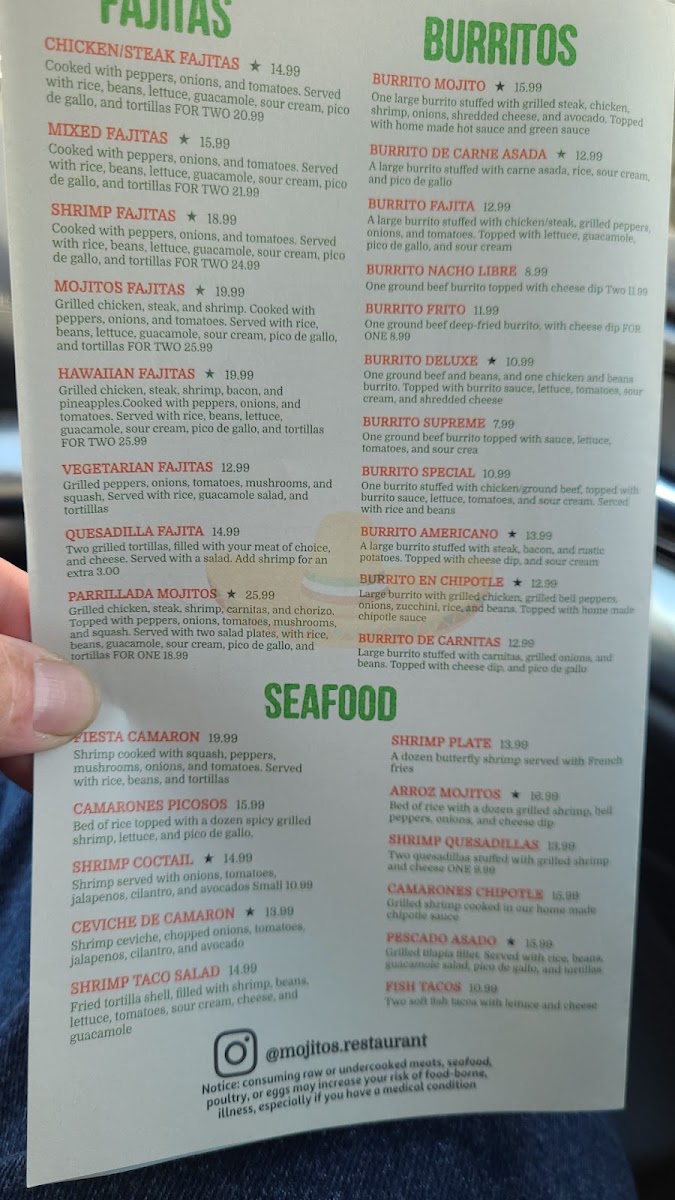 Mojito's Mexican Bar & Grill menu board