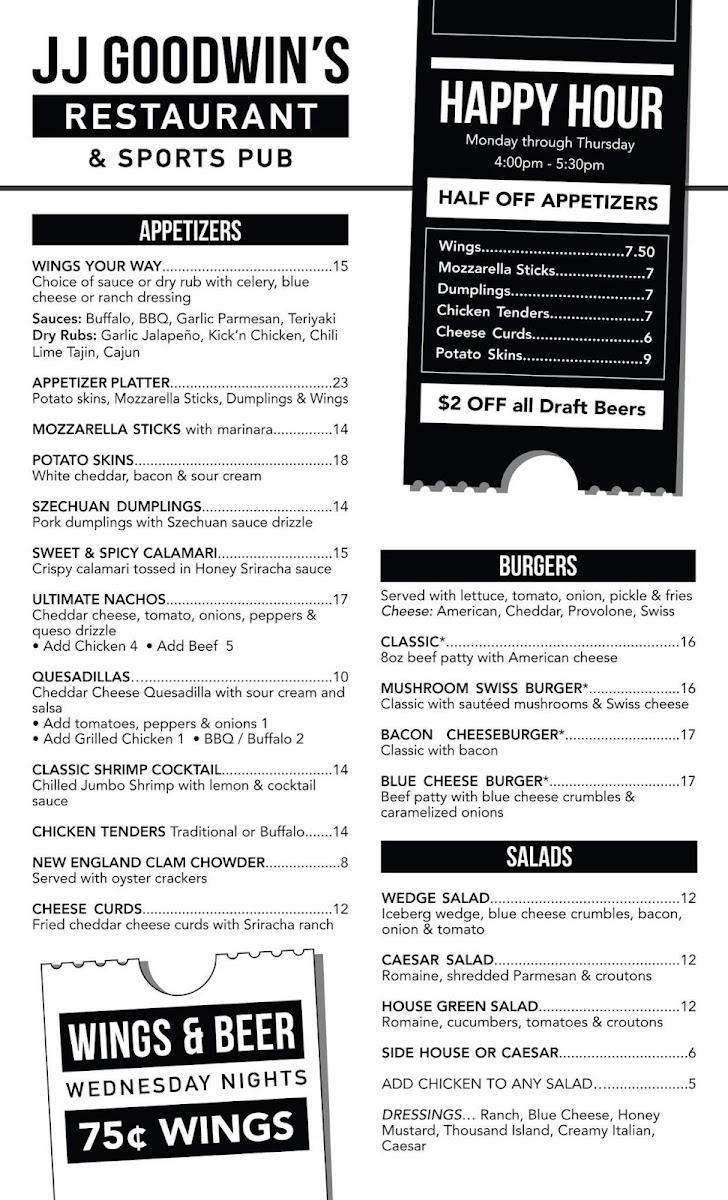 JJ Goodwins Restaurant & Sports Pub menu board