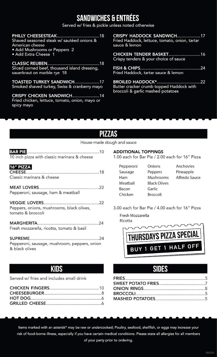 JJ Goodwins Restaurant & Sports Pub menu board