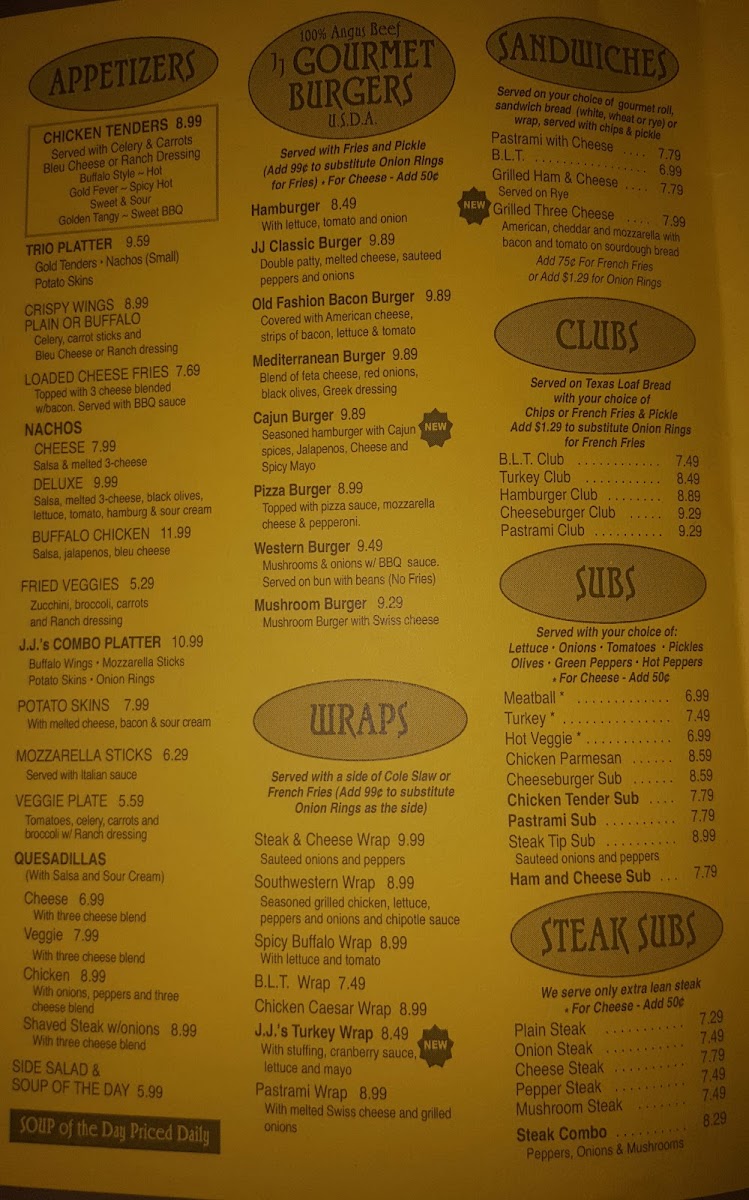 JJ Goodwins Restaurant & Sports Pub menu board