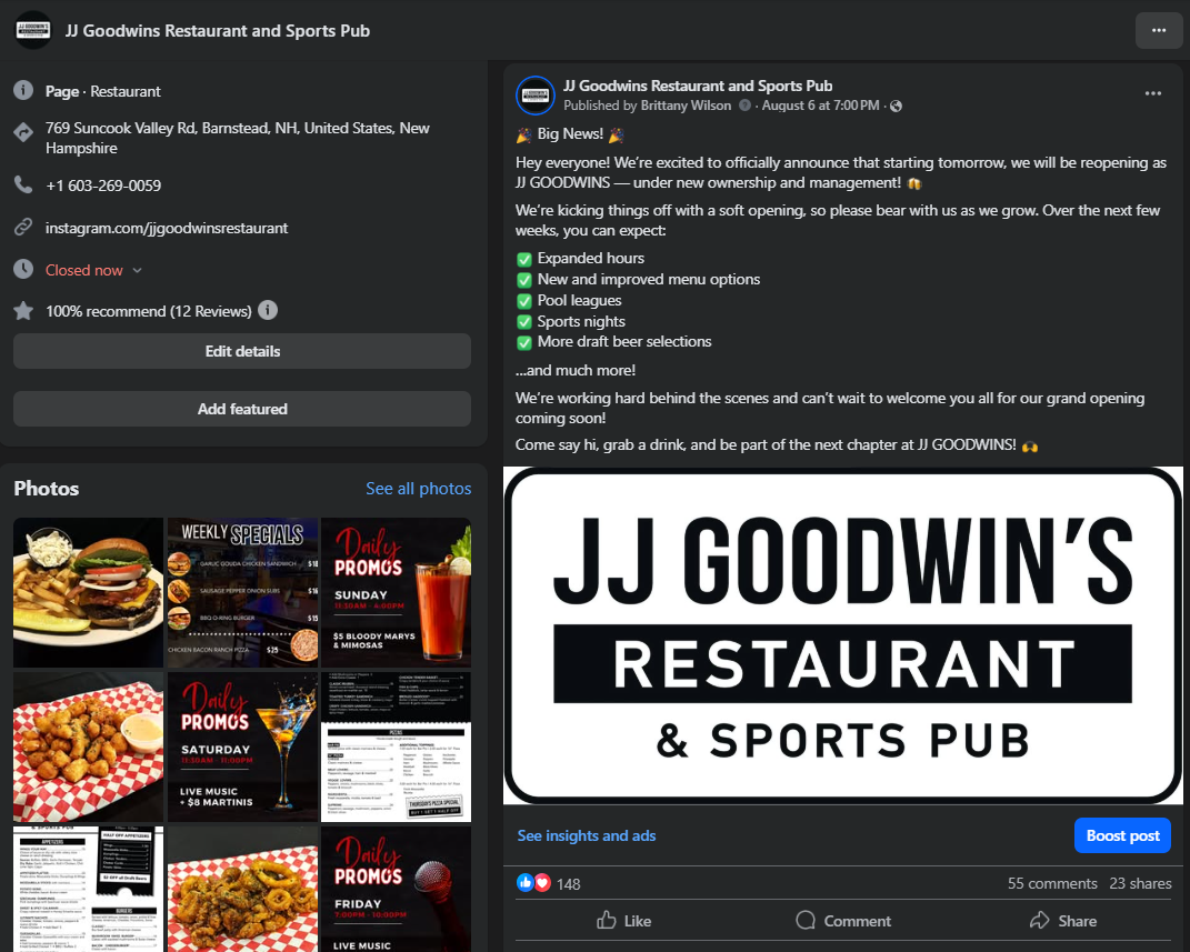 JJ Goodwins Restaurant & Sports Pub menu board