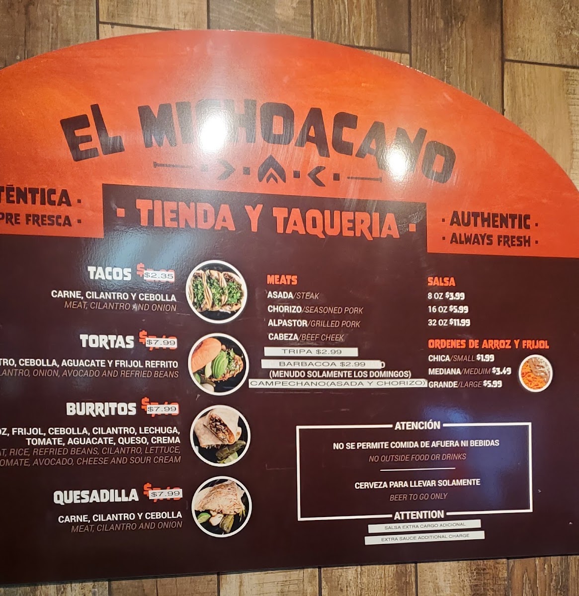 El Michoacano Tienda y Taqueria menu board