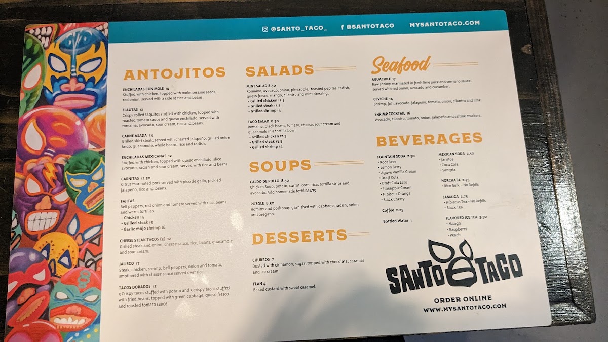 Santo Taco menu board