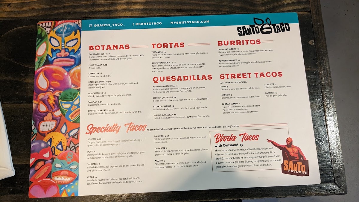 Santo Taco menu board