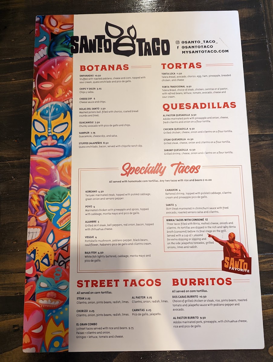Santo Taco menu board