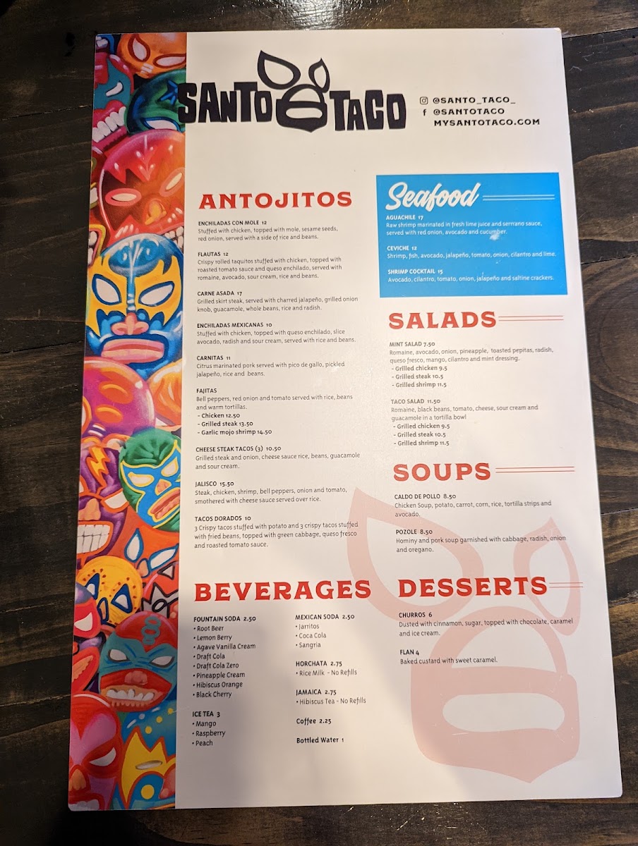 Santo Taco menu board