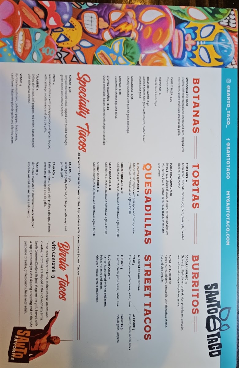 Santo Taco menu board